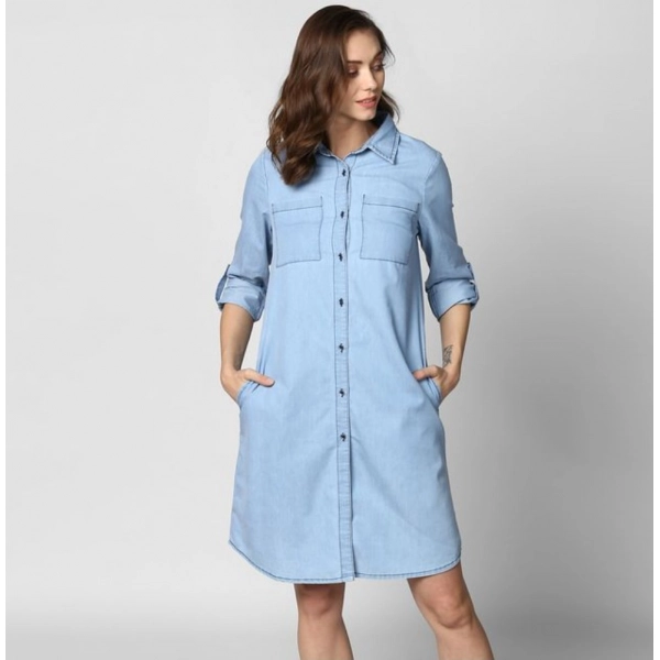 Dropship Women's Denim Solid Collar Neck Roll Up Sleeve Dress (Blue)