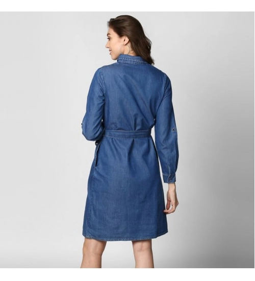 Women's Denim Solid Collar Neck Roll Up Sleeve Dress (Blue)