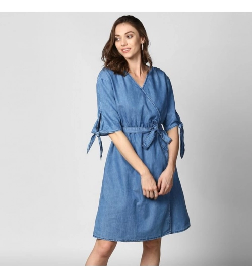 Women's Denim Solid V-Neck Tie Ups Dress (Blue)