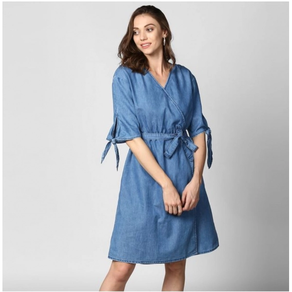 Dropship Women's Denim Solid V-Neck Tie Ups Dress (Blue)