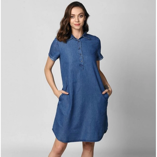 Dropship Women's Denim Solid Collar Neck Short Sleeve Dress (Blue)