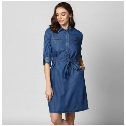 Women's Denim Solid Collar Neck Roll Up Sleeve Dress (Blue)