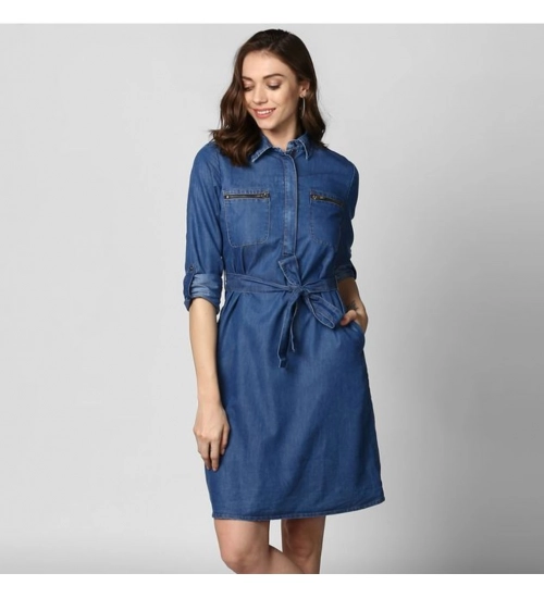 Women's Denim Solid Collar Neck Roll Up Sleeve Dress (Blue)