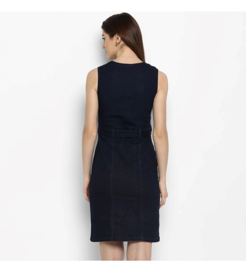 Women's Denim Solid Square Neck Sleeveless Dress (Blue)