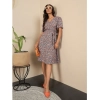 Dropship Women's Polyester Moss Floral V-Neck Bell Sleeve Dress (Grey)