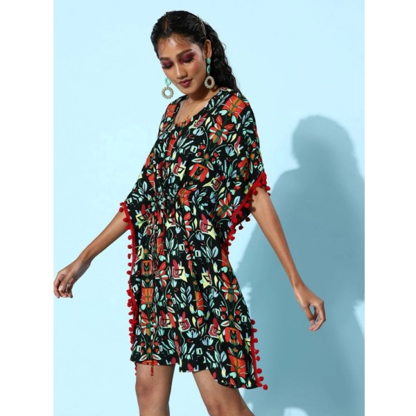 Dropship Women's Polyester Moss Printed Round Neck Kaftan Sleeve Dress (Multicolor)