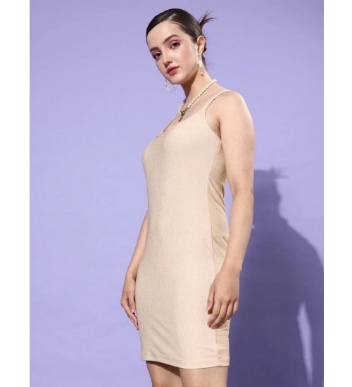 Women's Polyester Lycra Embellished Square Neck Sleeveless Dress (Gold)