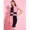 Dropship Women's Polyester Lycra Color Blocking Round Neck Sleeveless Dress (Pink-Black)