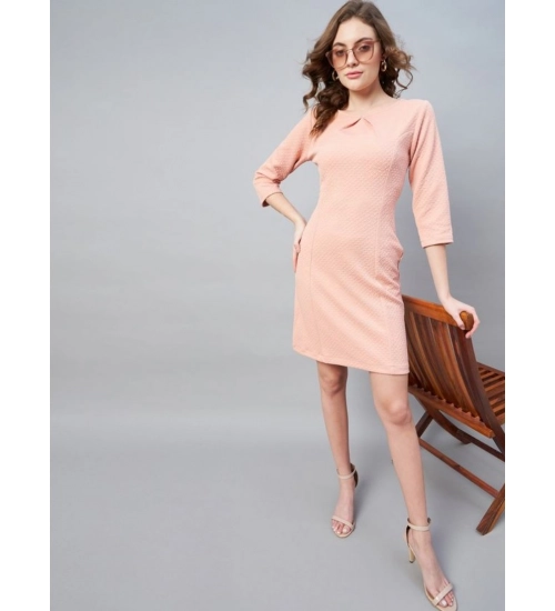 Women's Polyester Jacquard Self Design Round Neck 3/4th Sleeves Dress (Pink)