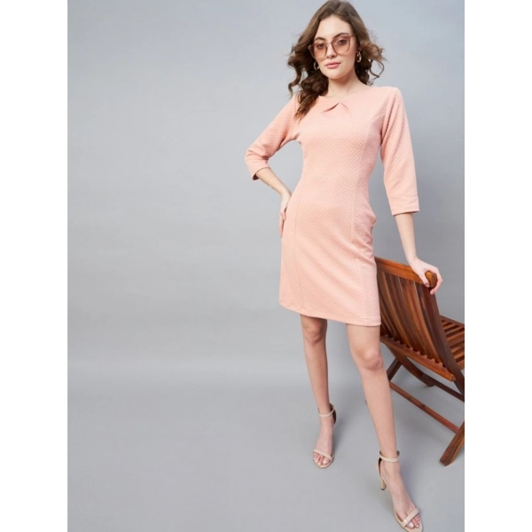 Dropship Women's Polyester Jacquard Self Design Round Neck 3/4th Sleeves Dress (Pink)