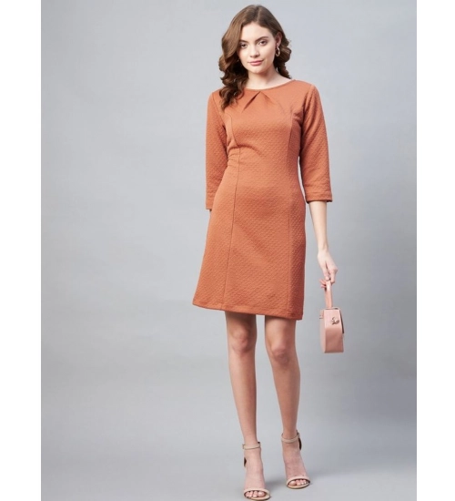 Women's Polyester Jacquard Self Design Round Neck 3/4th Sleeves Dress (Rust)
