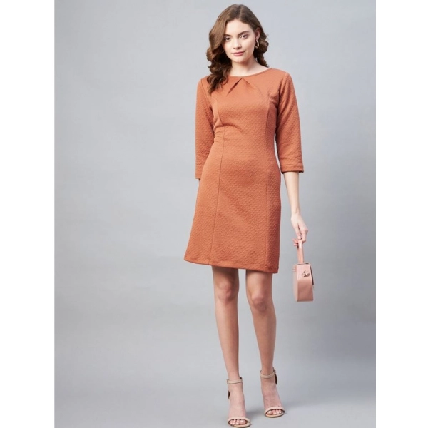 Dropship Women's Polyester Jacquard Self Design Round Neck 3/4th Sleeves Dress (Rust)