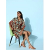 Dropship Women's Polyester Moss Printed Round Neck Kaftan Sleeve Dress (Multicolor)