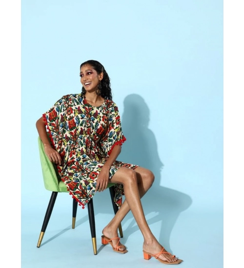 Women's Polyester Moss Printed Round Neck Kaftan Sleeve Dress (Multicolor)