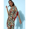 Dropship Women's Polyester Moss Printed Round Neck Kaftan Sleeve Dress (Multicolor)