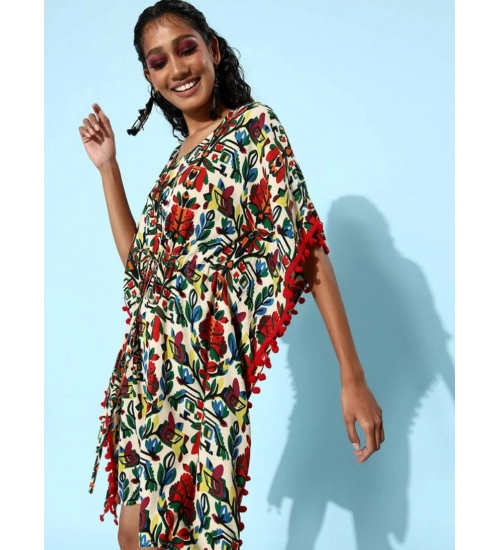 Women's Polyester Moss Printed Round Neck Kaftan Sleeve Dress (Multicolor)
