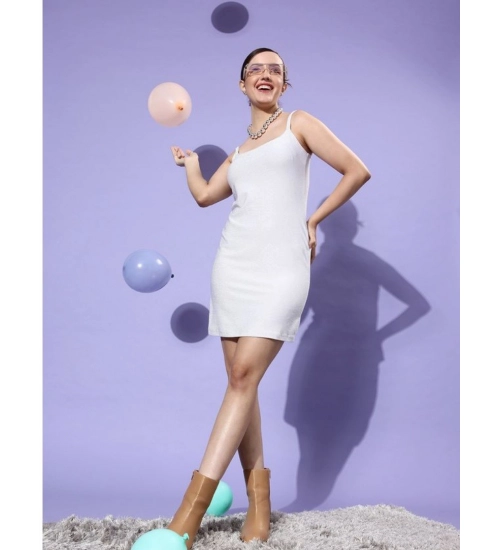 Women's Polyester Lycra Embellished Square Neck Sleeveless Dress (Silver)