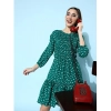 Dropship Women's Polyester Moss Polka Round Neck 3/4th Sleeves Dress (Green)