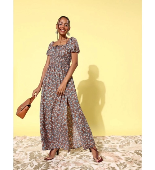 Women's Polyester Moss Floral Square Neck Puff Sleeve Dress (Multicolor)