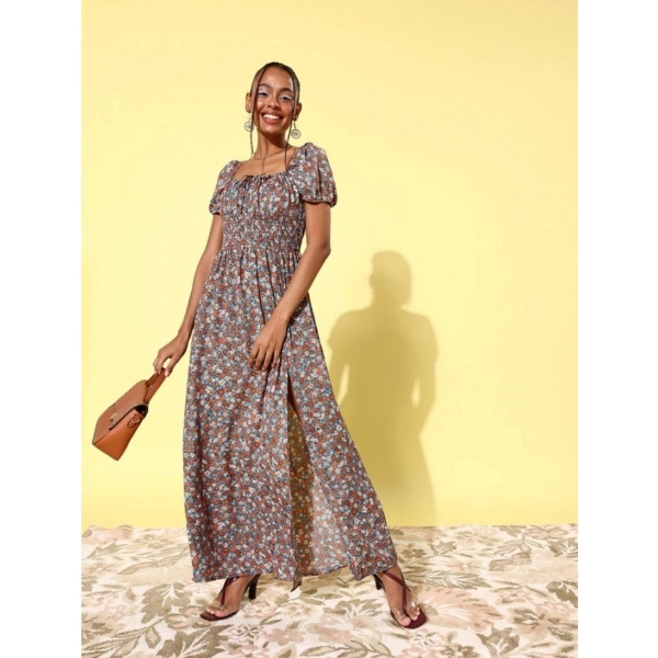 Dropship Women's Polyester Moss Floral Square Neck Puff Sleeve Dress (Multicolor)