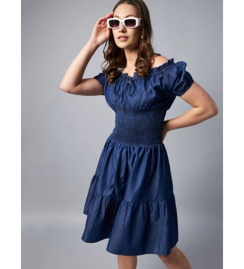 Women's Denim Solid Off-Shoulder Short Sleeve Dress (Blue)