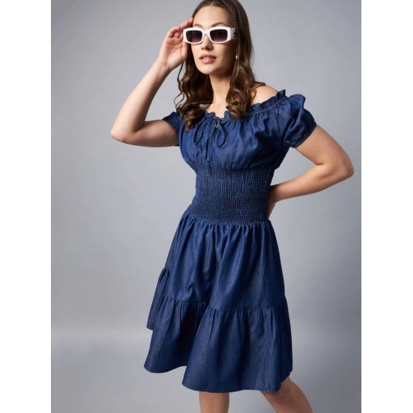 Dropship Women's Denim Solid Off-Shoulder Short Sleeve Dress (Blue)