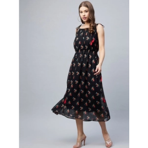 Generic Women's Chiffon Floral Square Neck Sleeveless Dress (Black)