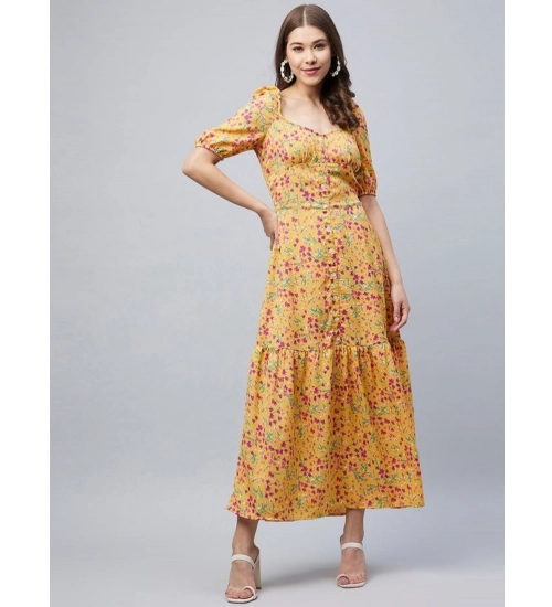 Women's Polyester Moss Floral Square Neck Half Sleeve Dress (Pink)