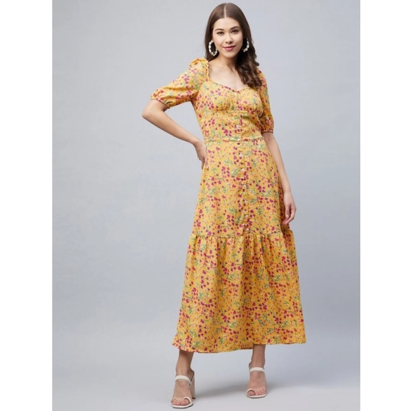 Dropship Women's Polyester Moss Floral Square Neck Half Sleeve Dress (Pink)