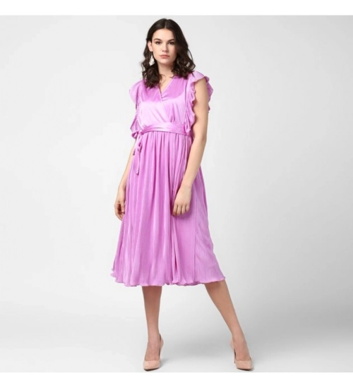Women's Polyester Pleated V-Neck Flutter Dress (Lavender)