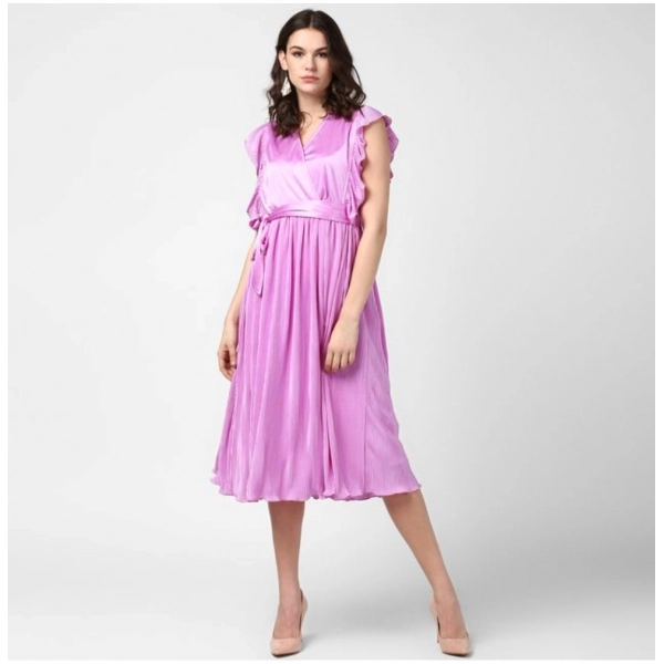 Dropship Women's Polyester Pleated V-Neck Flutter Dress (Lavender)