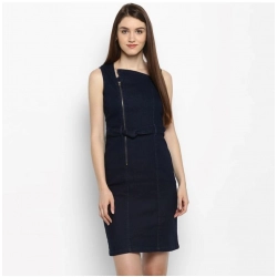 Women's Denim Solid Square Neck Sleeveless Dress (Blue)