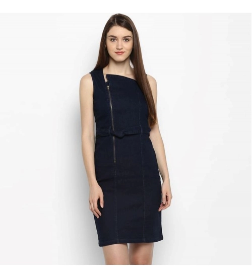 Women's Denim Solid Square Neck Sleeveless Dress (Blue)