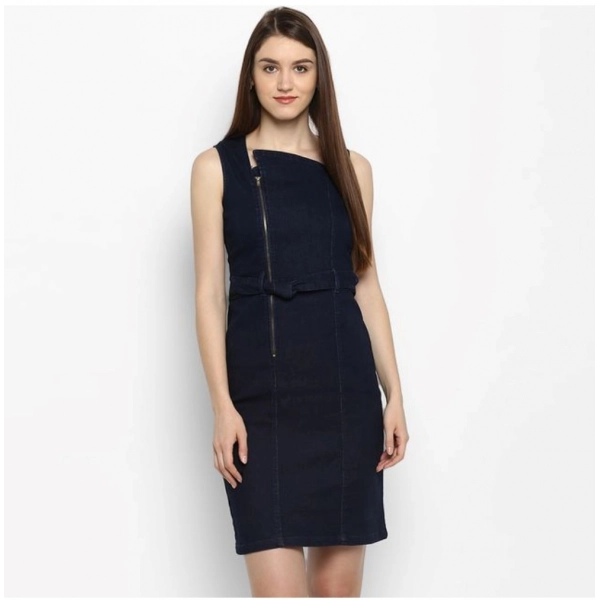 Dropship Women's Denim Solid Square Neck Sleeveless Dress (Blue)