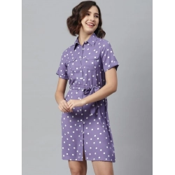 Women's Polyester Polka Collar Neck Short Sleeve Dress (Lavender)