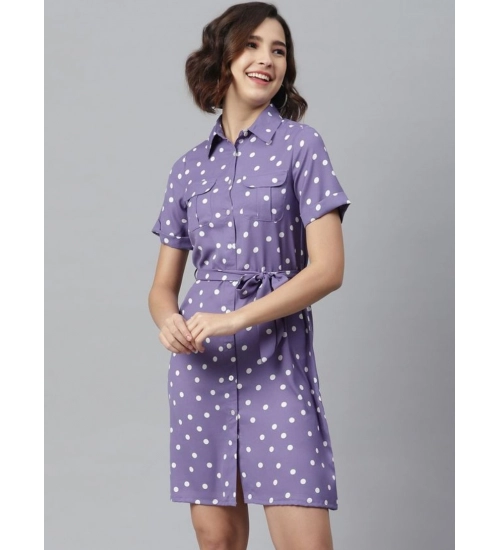 Women's Polyester Polka Collar Neck Short Sleeve Dress (Lavender)