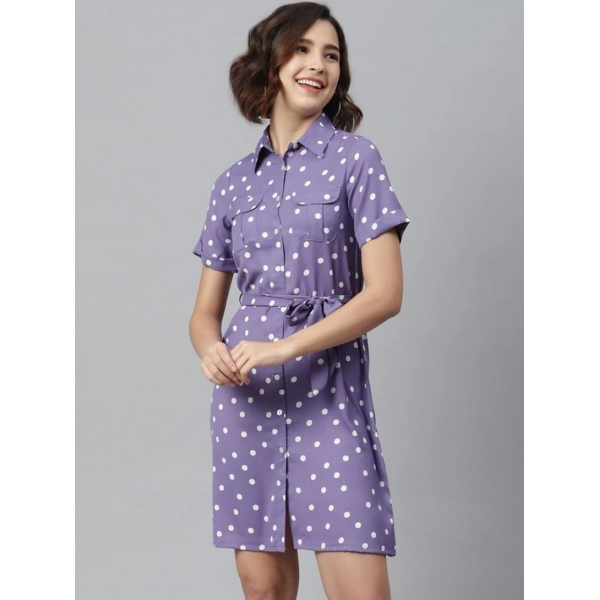 Dropship Women's Polyester Polka Collar Neck Short Sleeve Dress (Lavender)