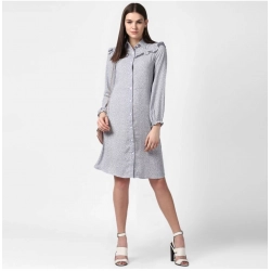 Women's Polyester Floral Collar Neck Long Sleeves Dress (Blue)