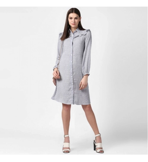 Women's Polyester Floral Collar Neck Long Sleeves Dress (Blue)