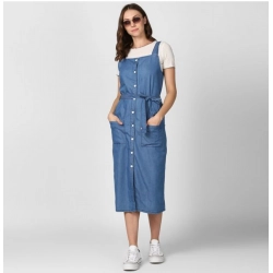 Women's Denim Solid Round Neck Sleeveless Dress (Blue)