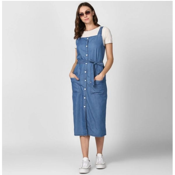 Dropship Women's Denim Solid Round Neck Sleeveless Dress (Blue)