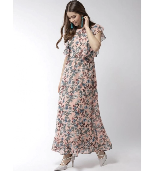 Women's Polyester Floral Round Neck Flutter Dress (Multicolor)