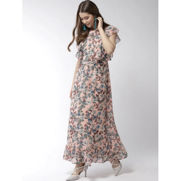 Dropship Women's Polyester Floral Round Neck Flutter Dress (Multicolor)