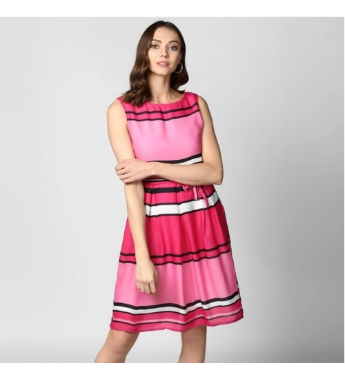 Women's Polyester Striped Close Neck Sleeveless Dress (Pink)
