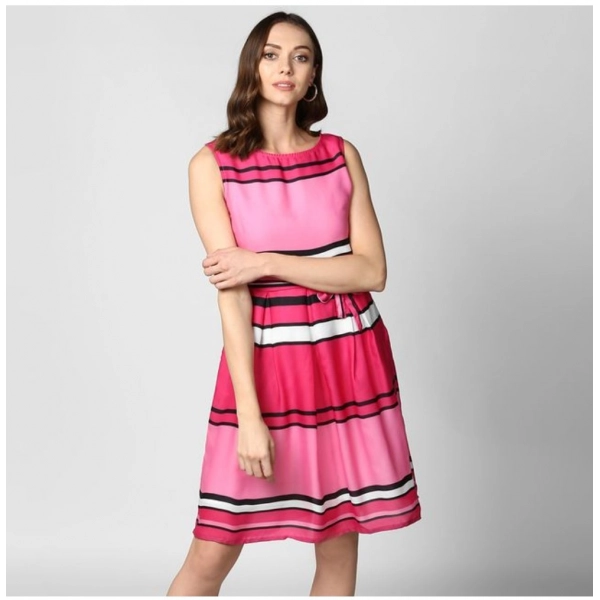 Dropship Women's Polyester Striped Close Neck Sleeveless Dress (Pink)