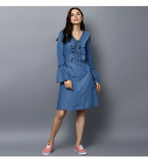 Women's Denim Solid V-Neck Bell Sleeve Dress (Blue)