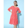 Dropship Women's Polyester Moss Polka Round Neck 3/4th Sleeves Dress (Pink)