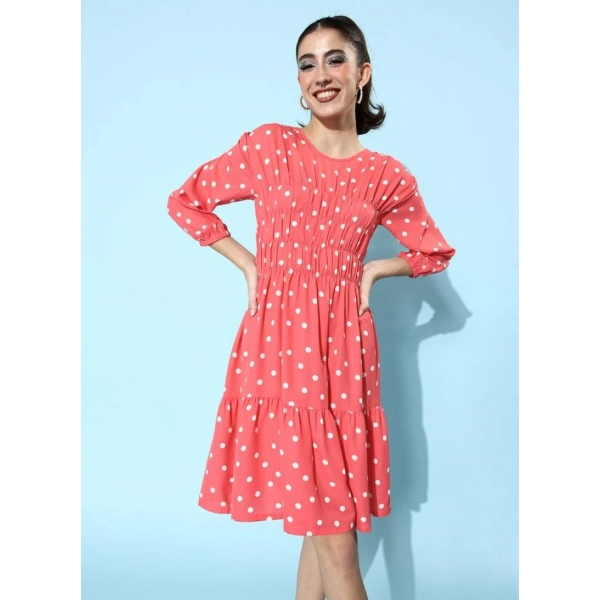 Dropship Women's Polyester Moss Polka Round Neck 3/4th Sleeves Dress (Pink)