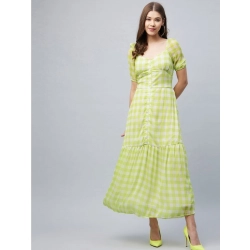 Women's Polyester-Cotton Blend Checkered Square Neck Half Sleeve Dress (Lime Green)