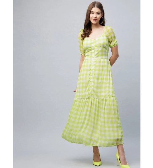 Women's Polyester-Cotton Blend Checkered Square Neck Half Sleeve Dress (Lime Green)